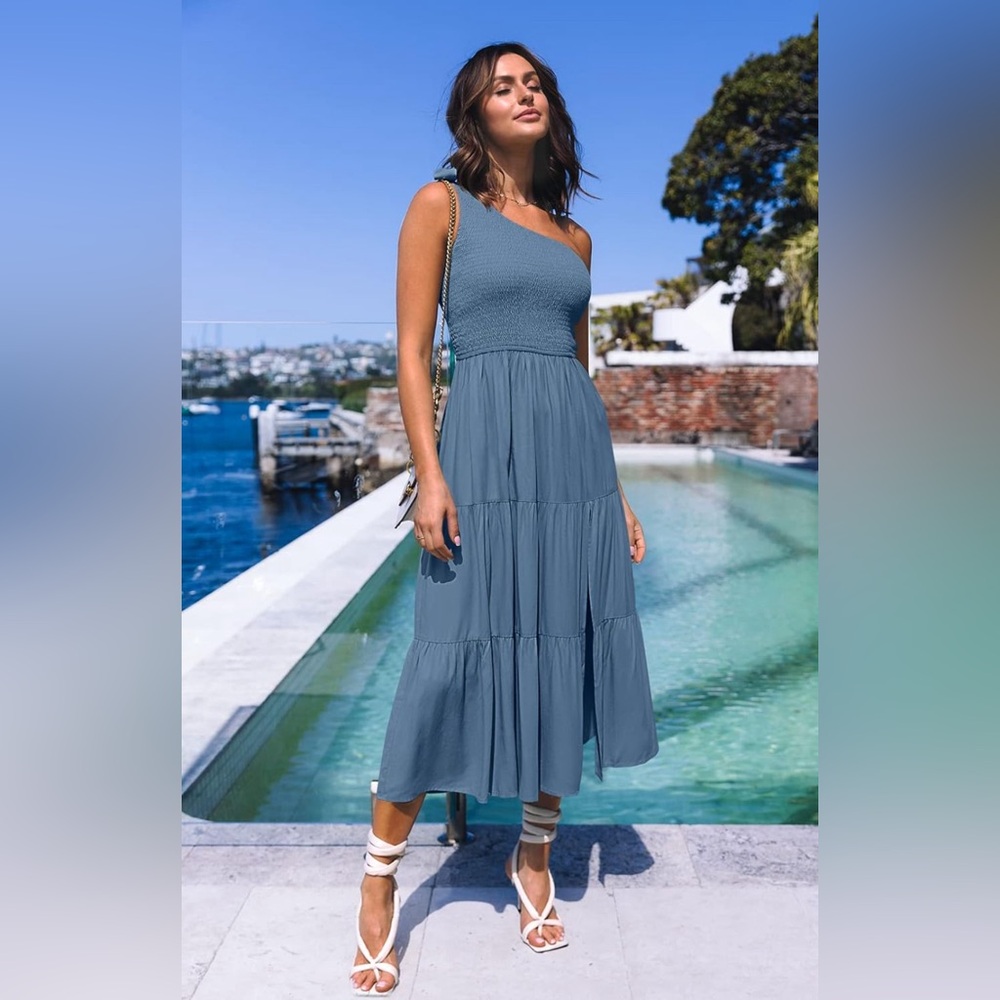 MEROKEETY One Shoulder Sleeveless Knot Smocked Split Tiered Flowy Midi Dress - Picture 2 of 14